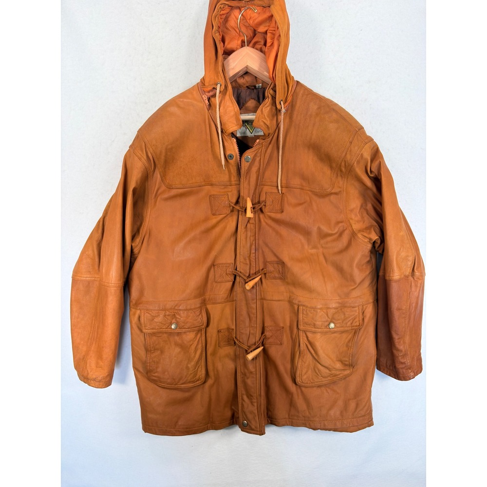 Vintage 90s Phase 2 Leather Parka Jacket Tan Toggle Hooded Streetwear Mens 2XL